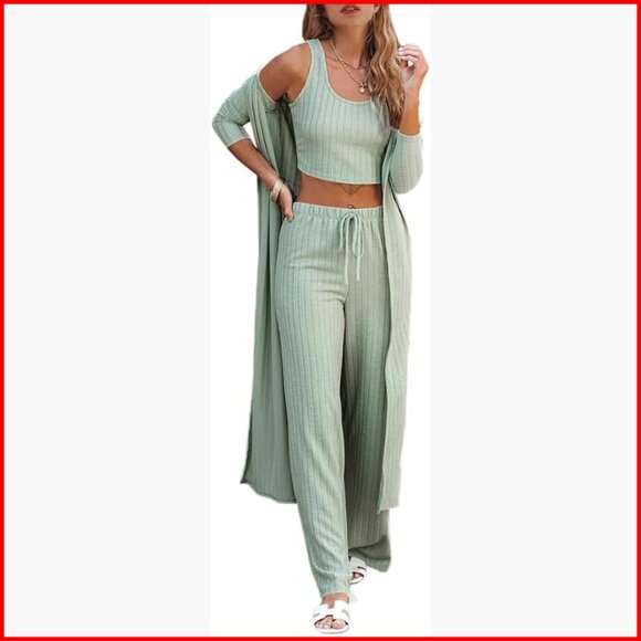 Women's 3-Piece Lounge Set Cardigan Vest Pants Soft Stretchy Travel Pajamas